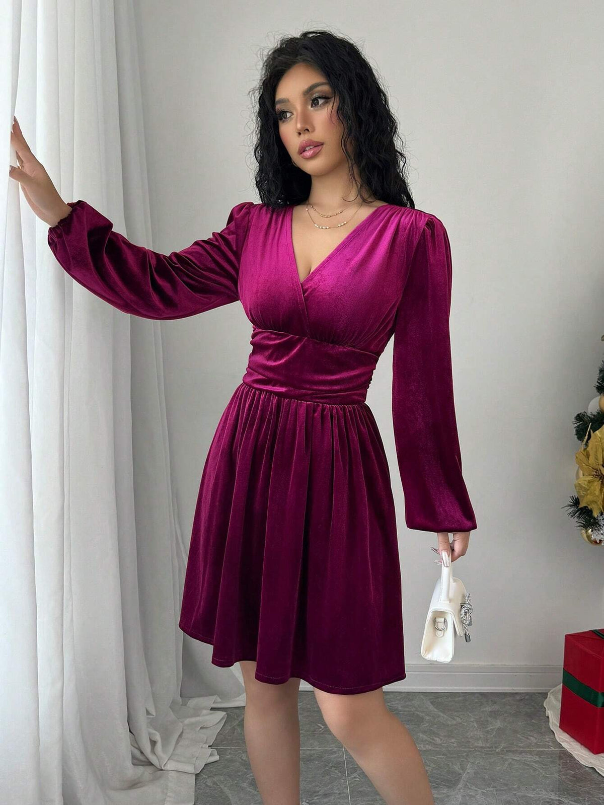 Women's Elegant Deep V Neck Cinched Waist Long Dress, Fall/Winter