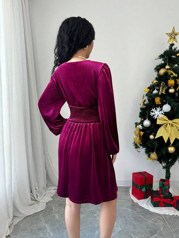 Women's Elegant Deep V Neck Cinched Waist Long Dress, Fall/Winter