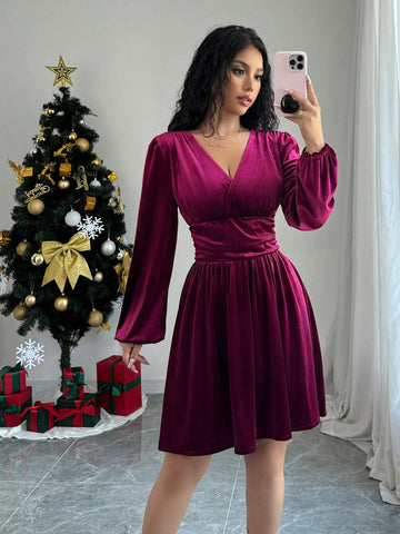 Women's Elegant Deep V Neck Cinched Waist Long Dress, Fall/Winter