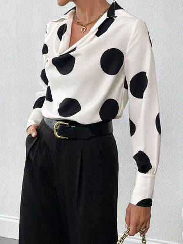 Privé Women's Elegant Dot Print Puff Sleeve Blouse