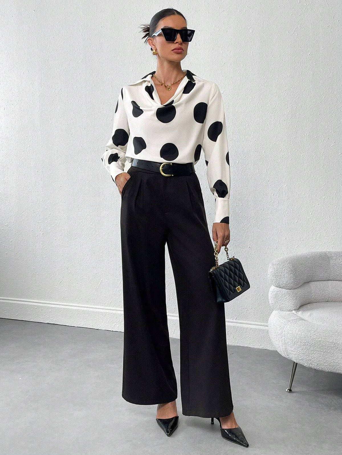 Privé Women's Elegant Dot Print Puff Sleeve Blouse