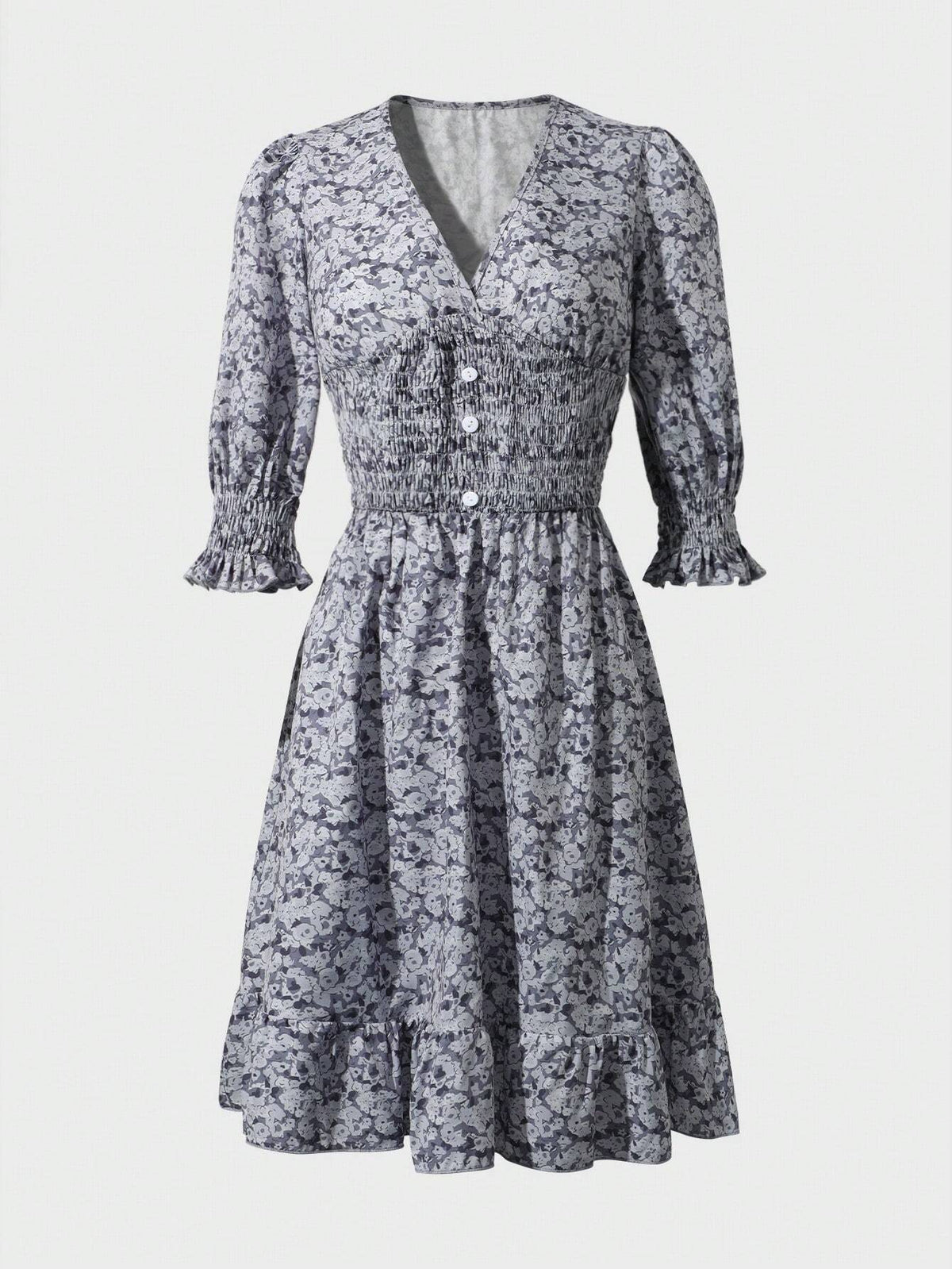 Women's Elegant Drape Design Small Floral V-Neck Ruffle Trimmed Dress