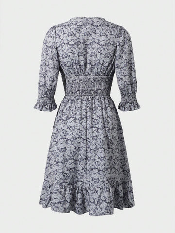 Women's Elegant Drape Design Small Floral V-Neck Ruffle Trimmed Dress