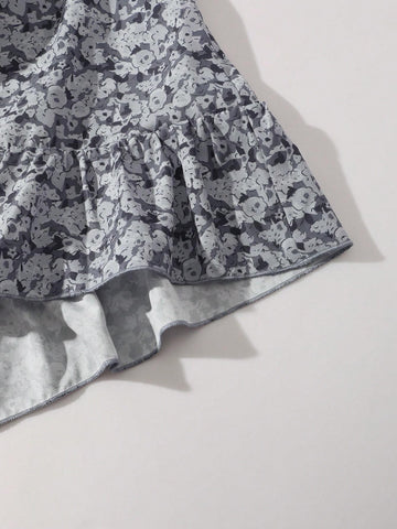 Women's Elegant Drape Design Small Floral V-Neck Ruffle Trimmed Dress