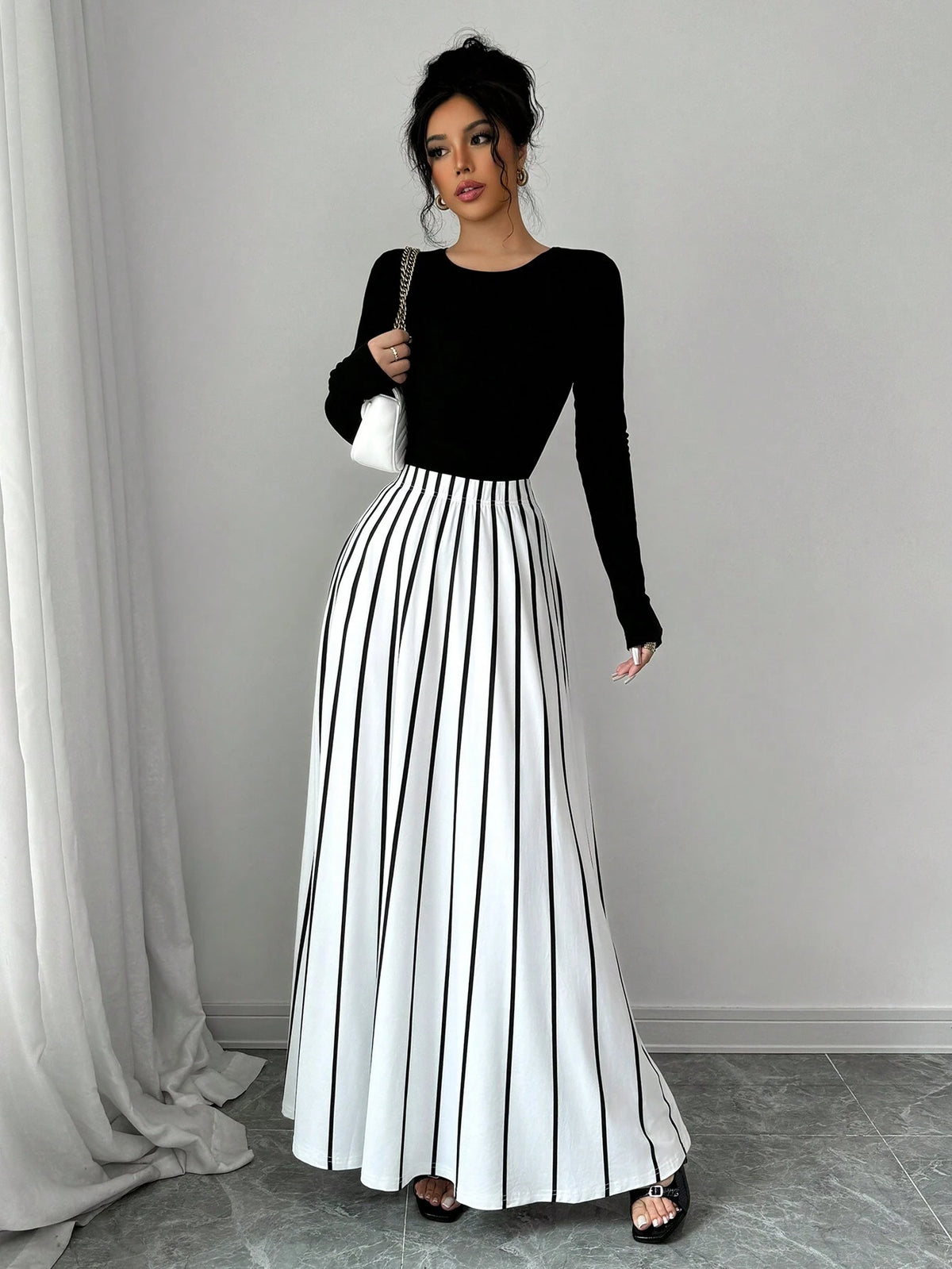 Privé Women's Elegant Everyday Striped Long Skirt, Autumn