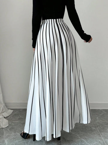 Privé Women's Elegant Everyday Striped Long Skirt, Autumn