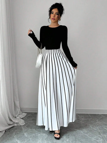 Privé Women's Elegant Everyday Striped Long Skirt, Autumn