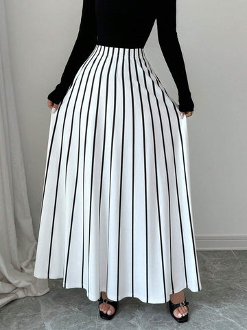 Privé Women's Elegant Everyday Striped Long Skirt, Autumn