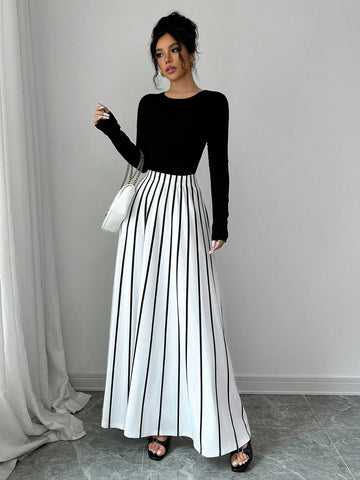 Privé Women's Elegant Everyday Striped Long Skirt, Autumn