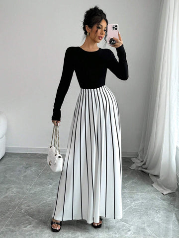Privé Women's Elegant Everyday Striped Long Skirt, Autumn