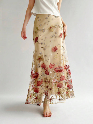 Privé Women's Elegant Floral Embroidery Heavy Work Fish Tail Skirt For Wedding Season And Date