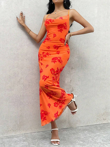 Women's Elegant Floral Pattern Draped Neck Spaghetti Strap Maxi Dress