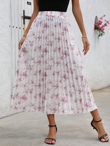 Privé Women's Elegant Floral Printed Pleated Skirt, Summer