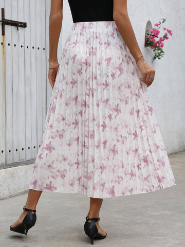 Privé Women's Elegant Floral Printed Pleated Skirt, Summer