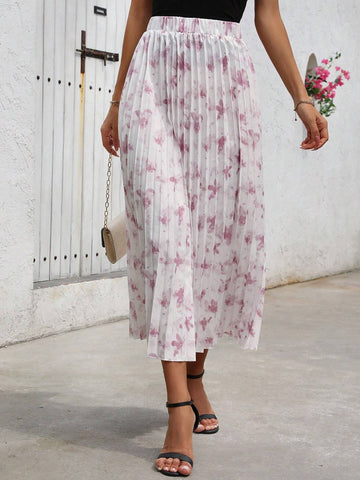 Privé Women's Elegant Floral Printed Pleated Skirt, Summer