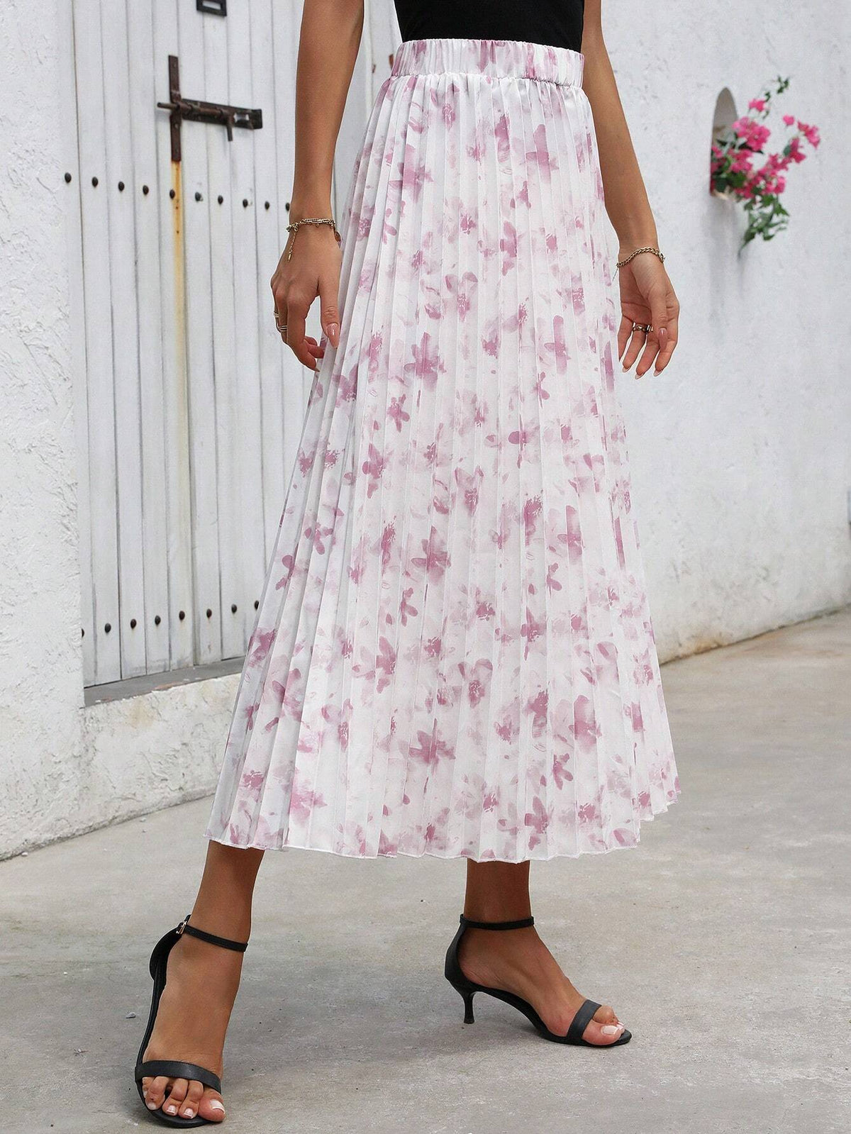 Privé Women's Elegant Floral Printed Pleated Skirt, Summer