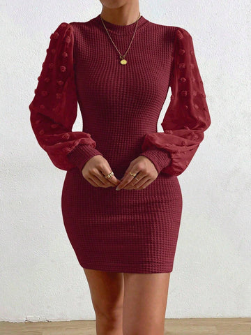Women's Elegant Furry Ball & Mesh Sleeve Patchwork Fitted Midi Dress