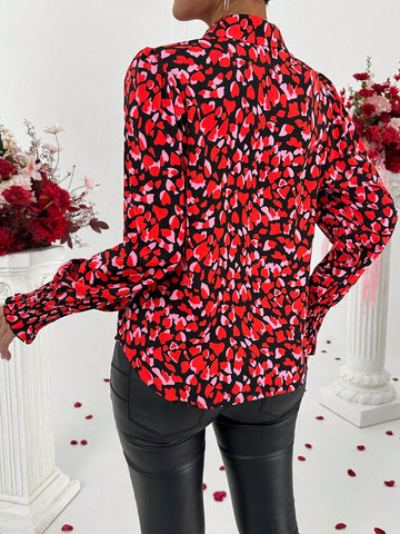 Privé Women's Elegant Heart Print Cuff Buttoned Shirt