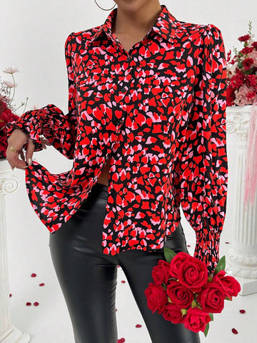 Privé Women's Elegant Heart Print Cuff Buttoned Shirt