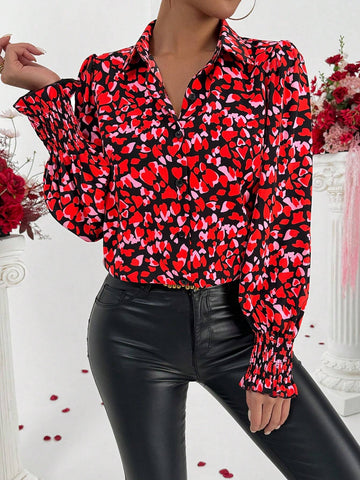 Privé Women's Elegant Heart Print Cuff Buttoned Shirt