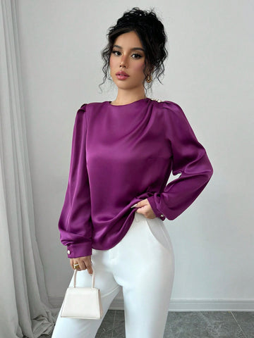 Privé Women's Elegant High-End Satin Long Sleeve Blouse