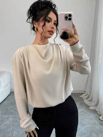 Privé Women's Elegant Khaki Turtleneck Long Sleeve Blouse