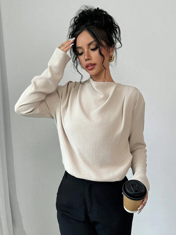 Privé Women's Elegant Khaki Turtleneck Long Sleeve Blouse