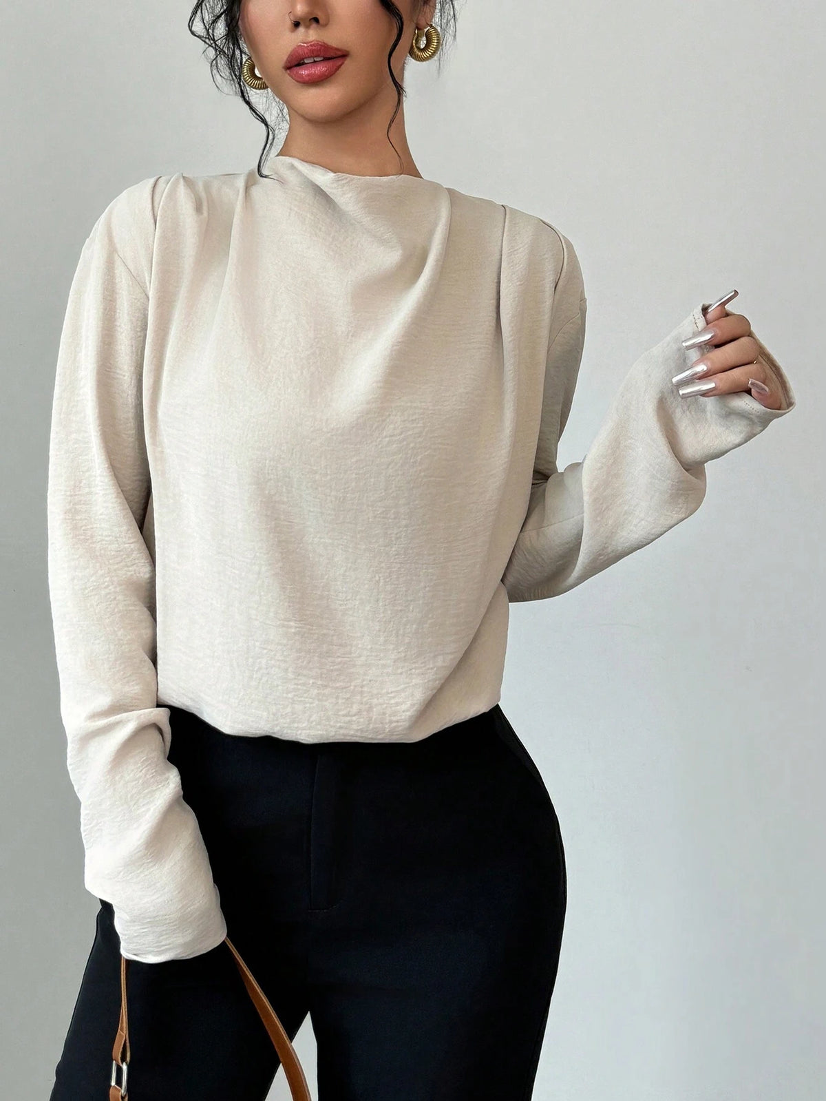 Privé Women's Elegant Khaki Turtleneck Long Sleeve Blouse