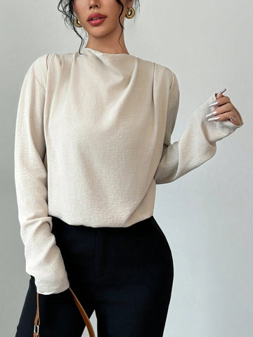 Privé Women's Elegant Khaki Turtleneck Long Sleeve Blouse