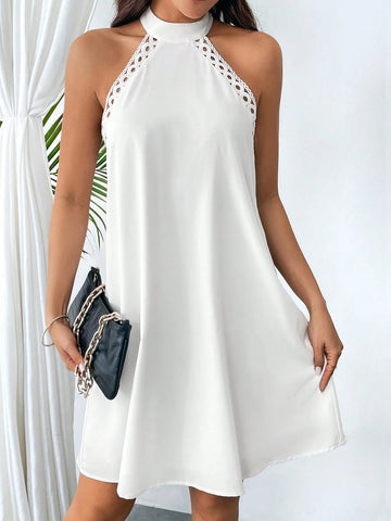 Women's Elegant Lace Patchwork Backless Tie Back Halter Dress
