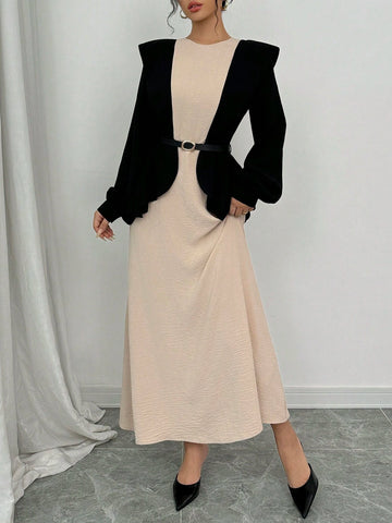 Women's Elegant Lantern Sleeve Round Neck Belt Waist Contrast Splice Ruffle Hem Maxi Dress