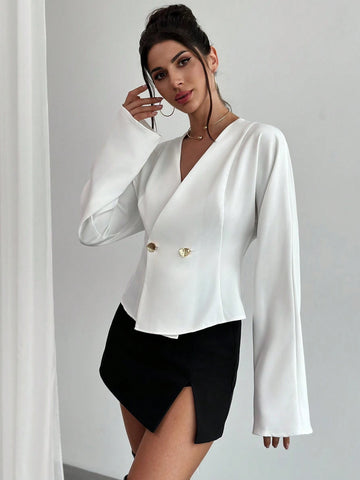 Privé Women's Elegant Metal Buckle Decor Long Sleeve White Shirt