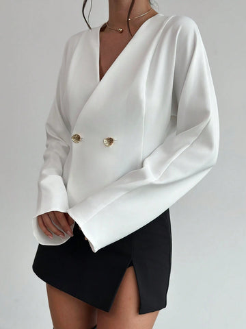 Privé Women's Elegant Metal Buckle Decor Long Sleeve White Shirt