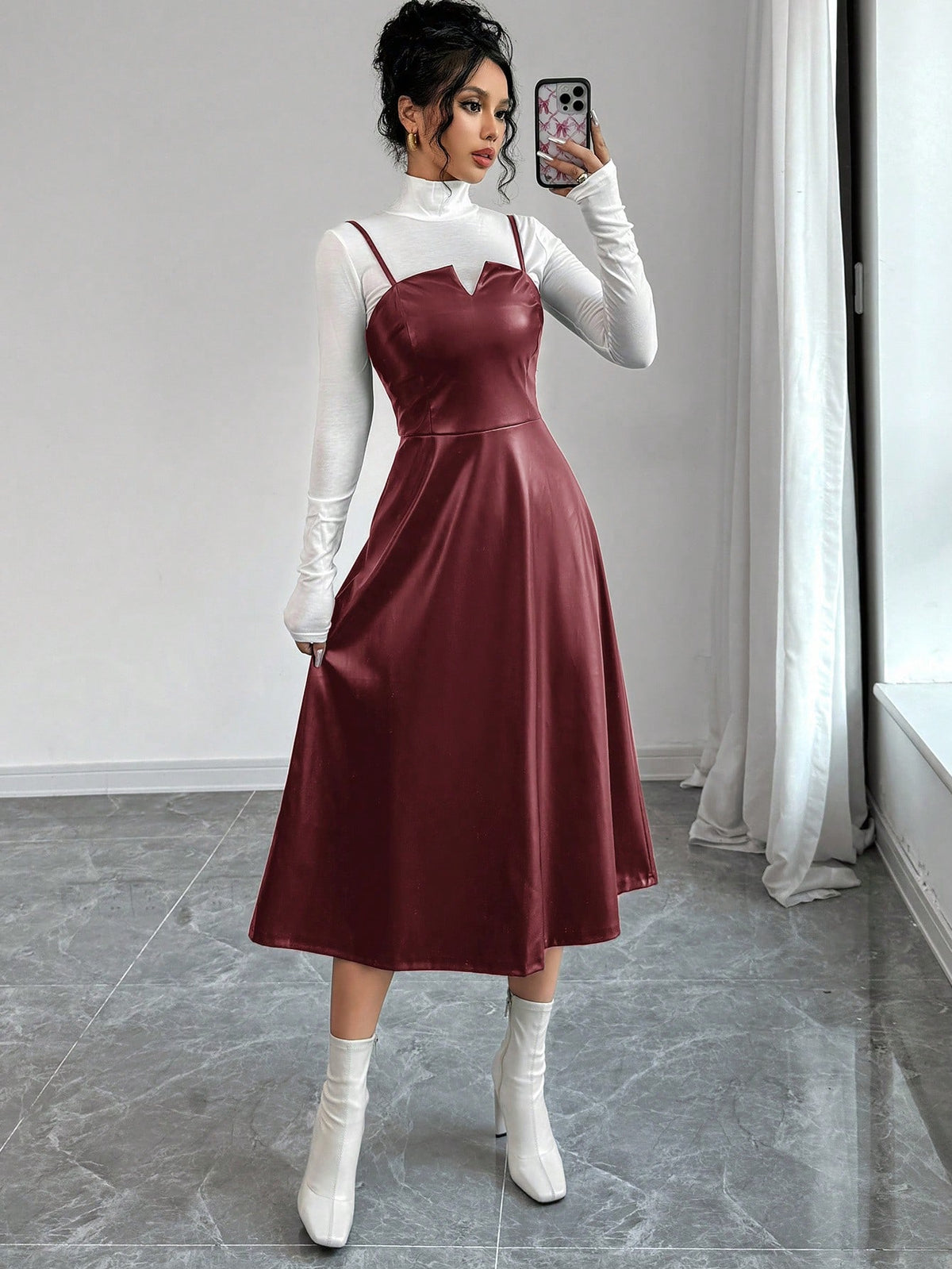 Women's Elegant Minimalist Casual Fashion Faux Leather V-Neck A-Line Midi Dress