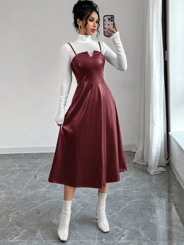 Women's Elegant Minimalist Casual Fashion Faux Leather V-Neck A-Line Midi Dress