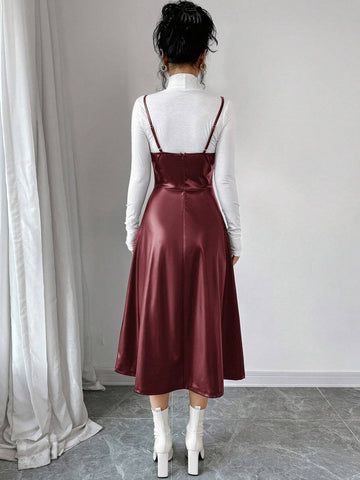 Women's Elegant Minimalist Casual Fashion Faux Leather V-Neck A-Line Midi Dress