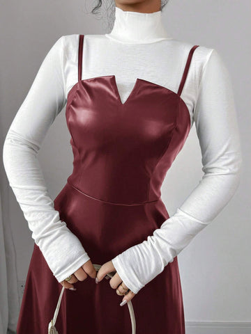 Women's Elegant Minimalist Casual Fashion Faux Leather V-Neck A-Line Midi Dress