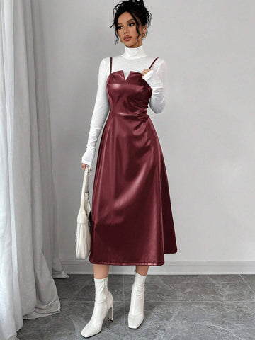 Women's Elegant Minimalist Casual Fashion Faux Leather V-Neck A-Line Midi Dress