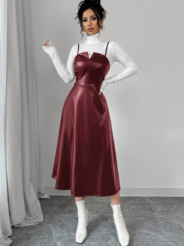 Women's Elegant Minimalist Casual Fashion Faux Leather V-Neck A-Line Midi Dress