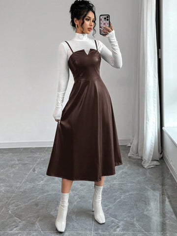 Women's Elegant Minimalist Casual Fashion Leather V-Neck A-Line Midi Slip Dress