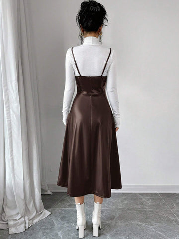 Women's Elegant Minimalist Casual Fashion Leather V-Neck A-Line Midi Slip Dress