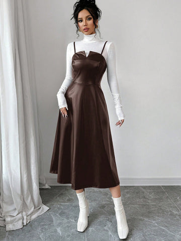 Women's Elegant Minimalist Casual Fashion Leather V-Neck A-Line Midi Slip Dress