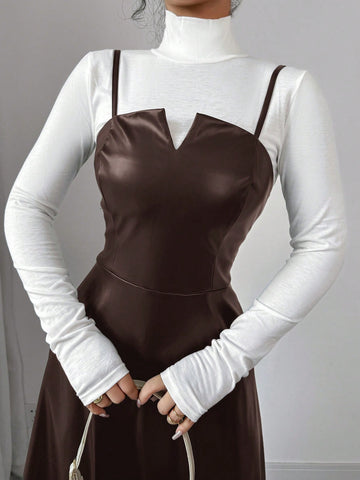 Women's Elegant Minimalist Casual Fashion Leather V-Neck A-Line Midi Slip Dress