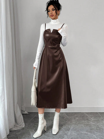 Women's Elegant Minimalist Casual Fashion Leather V-Neck A-Line Midi Slip Dress