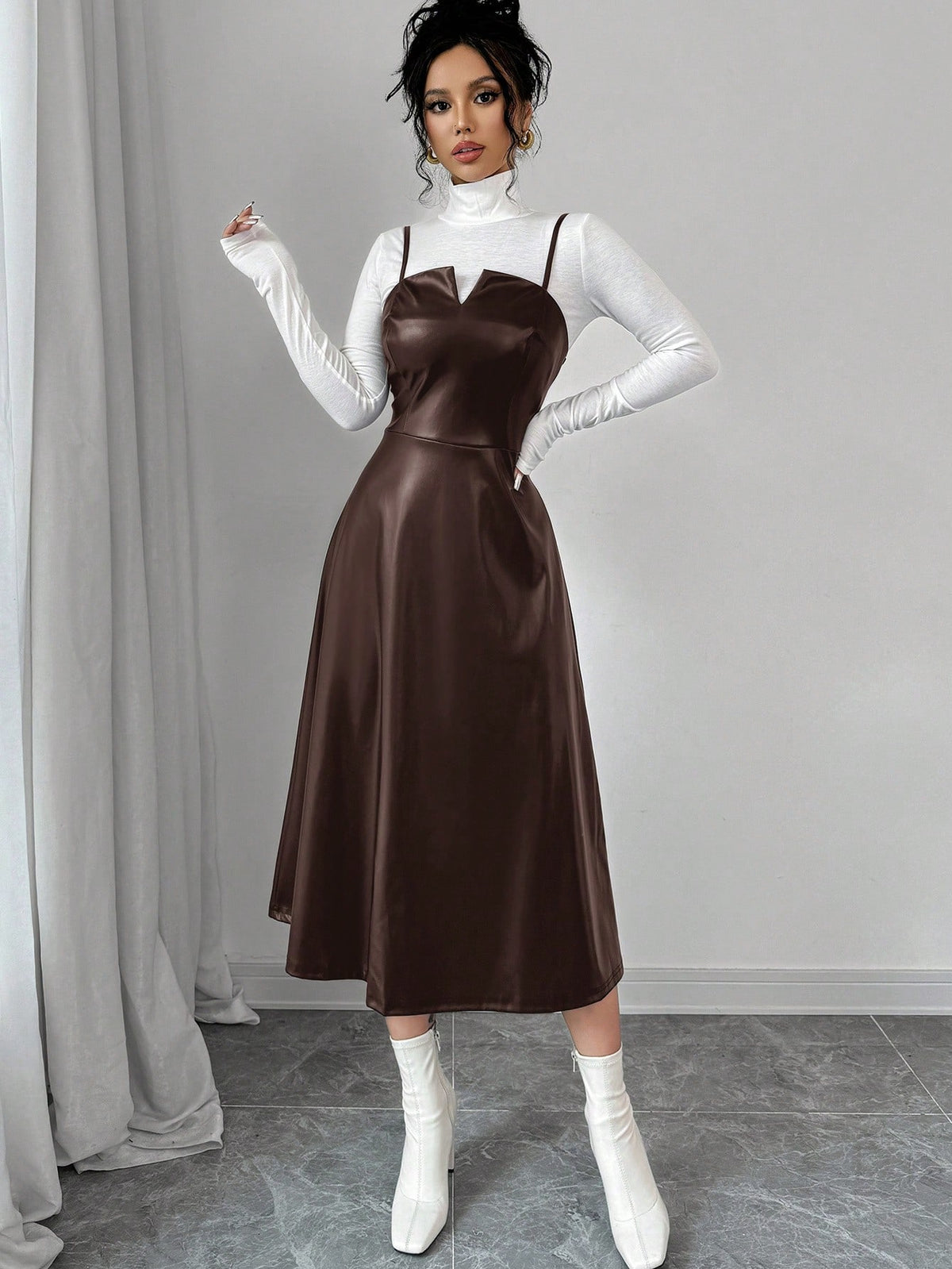 Women's Elegant Minimalist Casual Fashion Leather V-Neck A-Line Midi Slip Dress