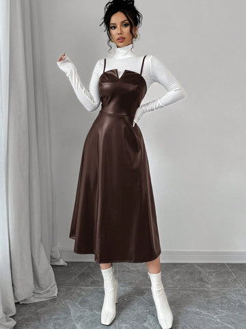 Women's Elegant Minimalist Casual Fashion Leather V-Neck A-Line Midi Slip Dress
