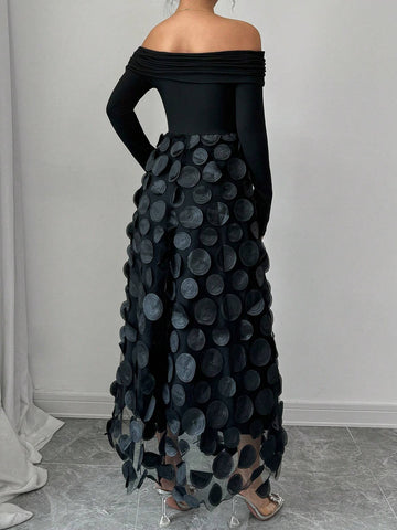 Women's Elegant Off Shoulder Embroidery & Mesh Patchwork Dress