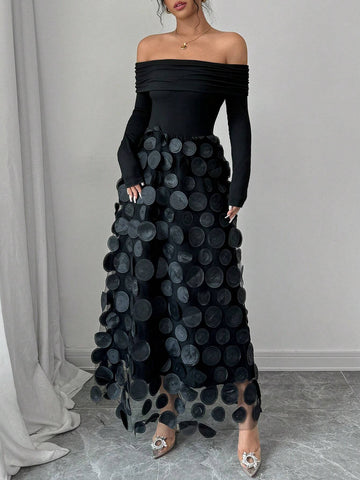 Women's Elegant Off Shoulder Embroidery & Mesh Patchwork Dress