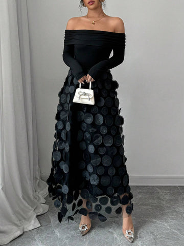 Women's Elegant Off Shoulder Embroidery & Mesh Patchwork Dress