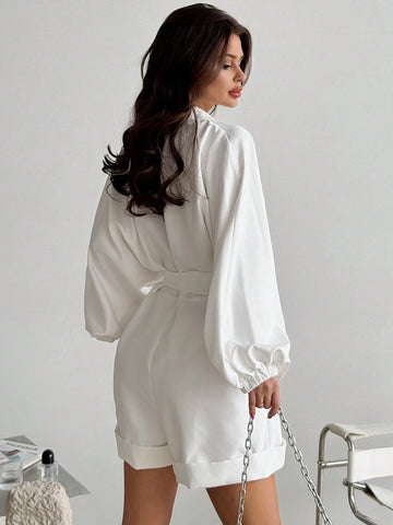 Women's Elegant Office Romper With Lapel, Batwing Sleeves, Belt & Pockets, Vintage Style, White, Suitable For Commuting, Autumn